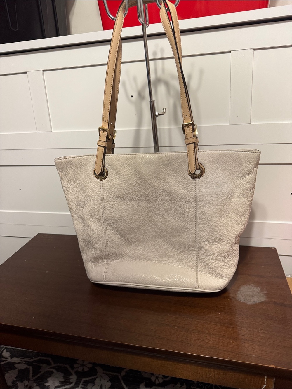 Classic Pebbled Leather Tote Bag in Cream with Tan Straps